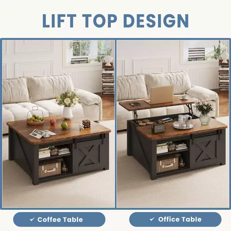 JIONJOY 31.5 Couchtisch mit anhebbarer Platte und großem verstecktem Stauraum, verstellbaren Regalböden, quadratischer Beistelltisch im Landhausstil für Wohnzimmer, kleine Räume