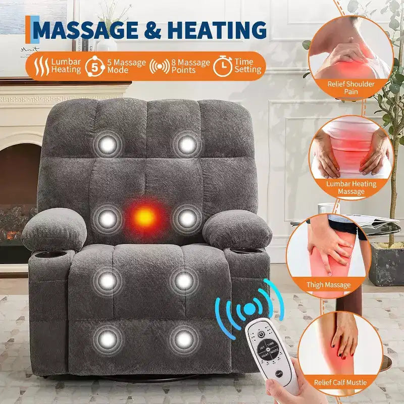 Übergroßer Relaxsessel für Erwachsene, Manueller Dreh-Schaukelsofa, Seitentaschen & Getränkehalter für Große und Schwergewichtige, Wohnzimmer