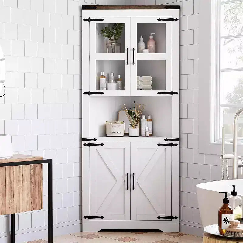 69" Hoher Eckschrank, Bauernhaus-Eckschrank, platzsparender Stauraum, Glastür, verstellbare Einlegeböden, für Wohnzimmer, Küche