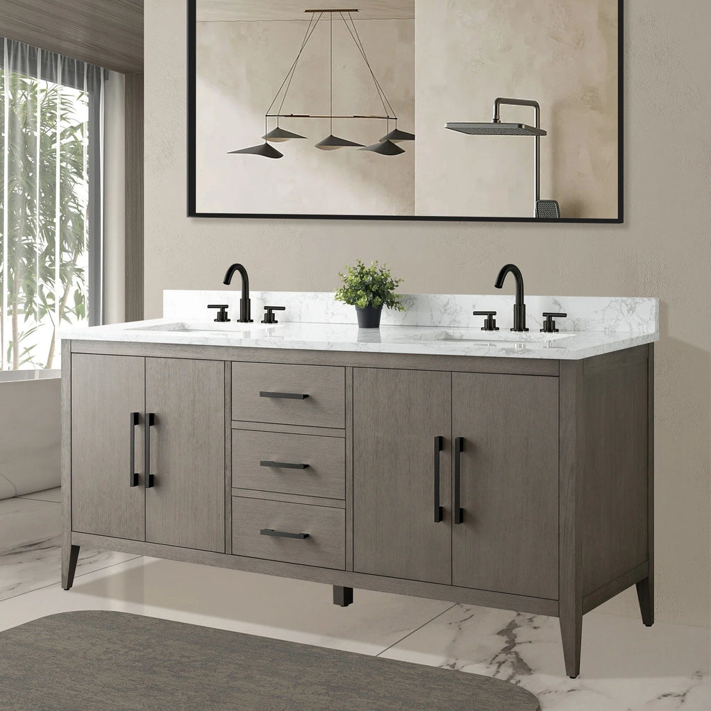 Vanity Art 72 Zoll Badezimmer-Waschtischunterschrank mit Doppelwaschbecken und Kunstmarmorplatte
