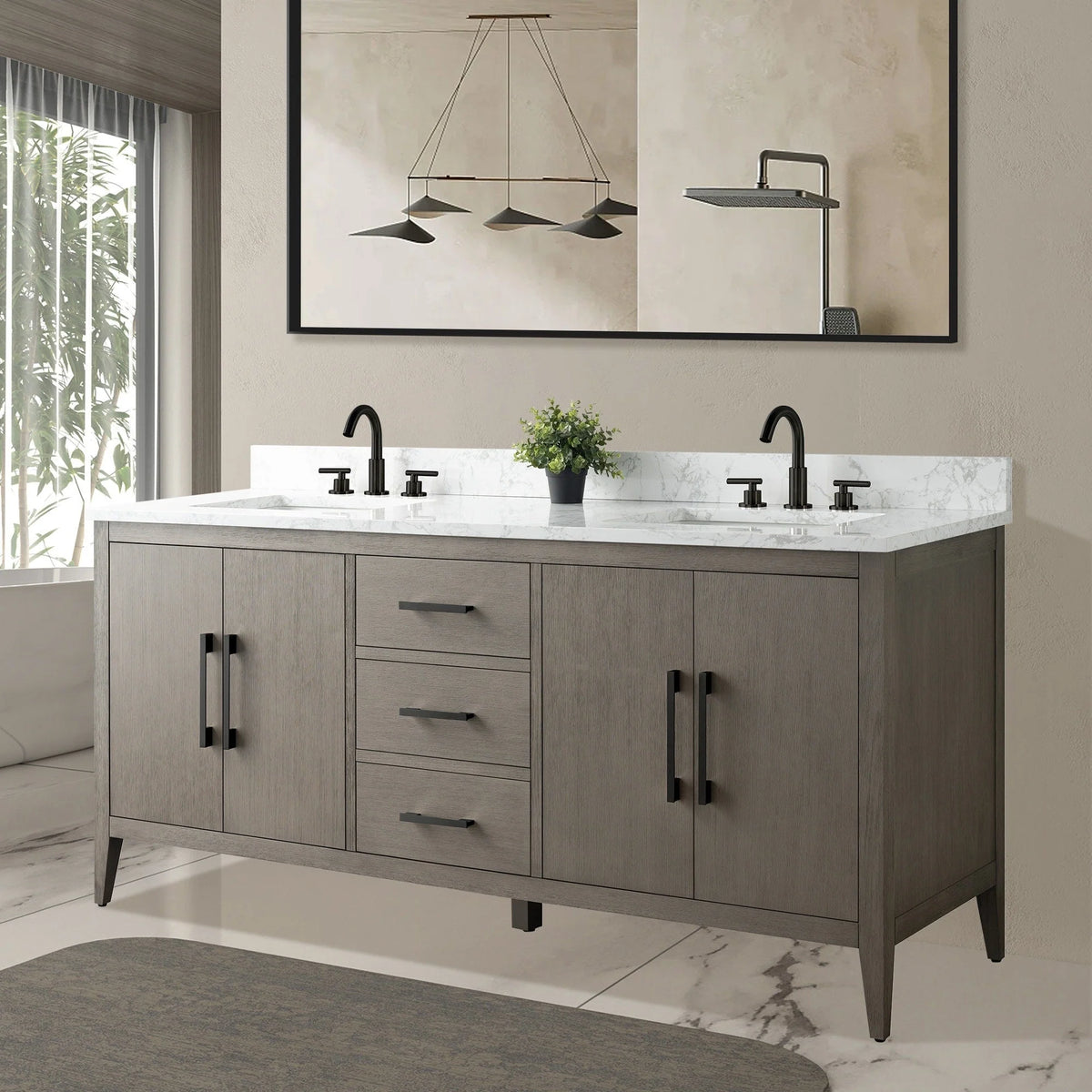 Vanity Art 72 Zoll Badezimmer-Waschtischunterschrank mit Doppelwaschbecken und Kunstmarmorplatte