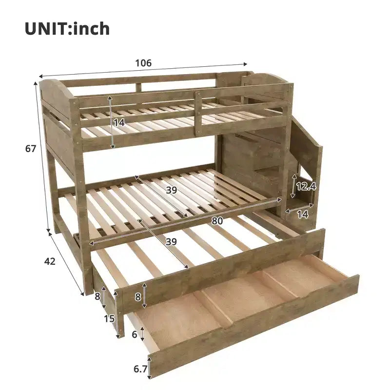 Whisen Twin XL Etagenbett mit Ausziehbett, Etagenbett mit Stauraum, Etagenbett aus Massivholz, Treppe mit Stauraum, Kleiderschrank, 3 Schubladen, für Kinder
