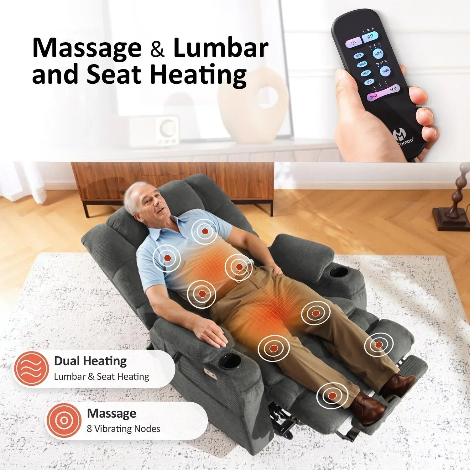MCombo Großer, breiter Power-Lift-Liegesessel mit zwei Motoren, Massage und dualer Heizung für große und korpulente Senioren, Stoff R7635