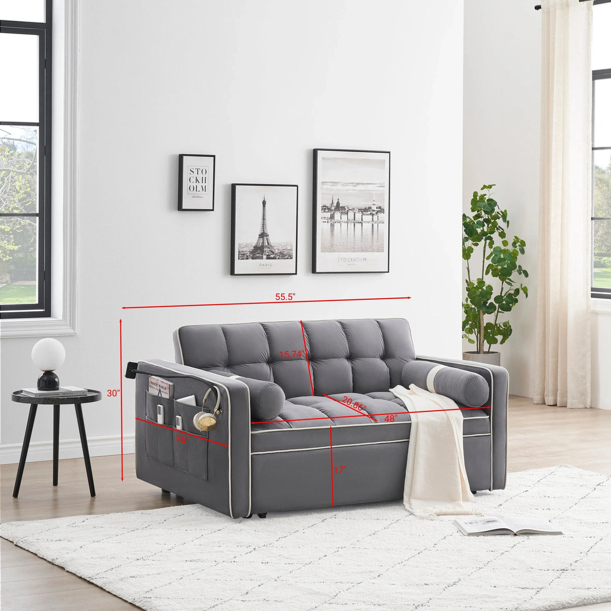 Samt-Schlafsofa zum Umbauen, 140 cm, 2-Sitzer, mit Ausziehbett, verstellbarer Rückenlehne, Seitentaschen und Handyhalterung