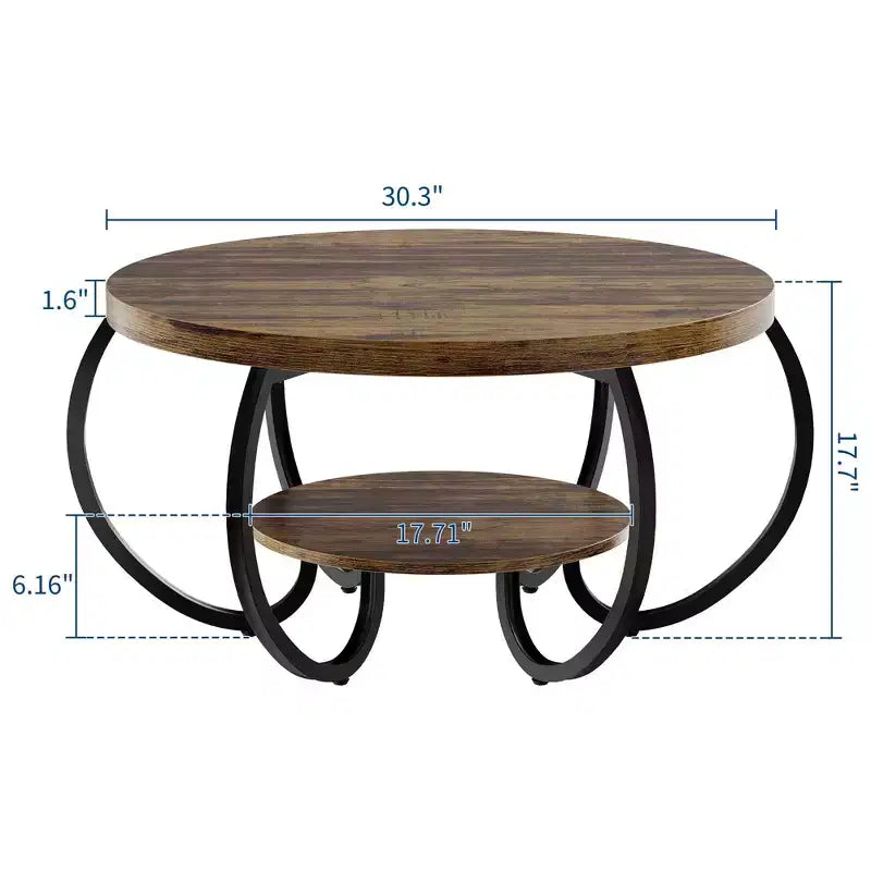 30 Zoll runder industrieller Couchtisch, 2-stöckig mit verstellbaren Füßen, Holzmaserungsablage, Flammendesign, einfache Montage, Wohnzimmer