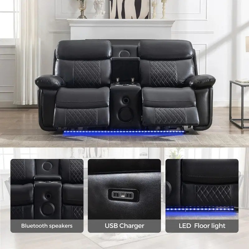 Elektrisches Liegesofa mit kabelloser Ladestation, Leselampe, LED-Beleuchtung für Wohnzimmer, Kunstleder, AC-/USB-Anschluss, Getränkehalter, Schwarz