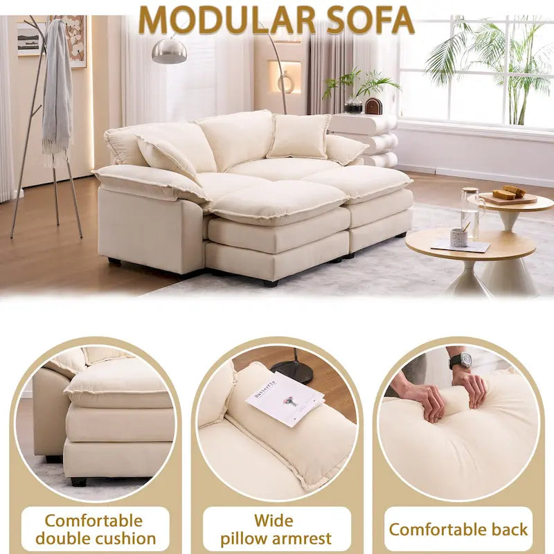 2-Sitzer-Sofa mit 2 Kissen, 2 Polstern und 2 Hockern, bequemes Sofa – Tiefes Wohnzimmersofa, Modulsofa