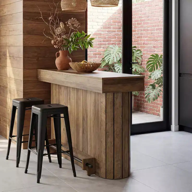 Lantine Bartisch, 160 cm langer Bartisch aus Holz mit Metallfußstütze, Stehtisch mit Ablagefächern für Wohnzimmer, Bistro, Esszimmer (Braun)