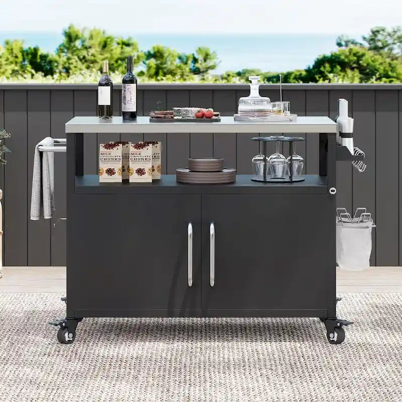 Outdoor-Kücheninsel mit Edelstahl-Arbeitsplatte, Metall-Grillwagen mit Stauraum - N/A