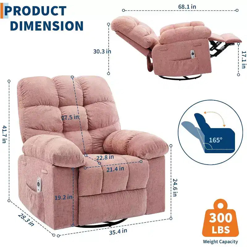 Massage-Liegesessel mit Heizfunktion – 360° drehbarer Schaukelstuhl, überdimensioniertes Einzelsitzer-Sofa mit Vibration, USB-Anschluss und Aufbewahrungstaschen für Wohnzimmer/Schlafzimmer