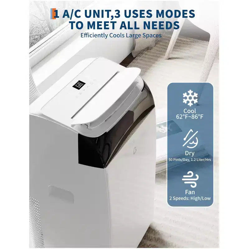 14.000 BTU Klimaanlagen mit Kühlleistung bis zu 70 m², 3-in-1 Mobile Klimaanlage mit Kühl-, Entfeuchtungs- und Ventilator-Modus und Fernbedienung
