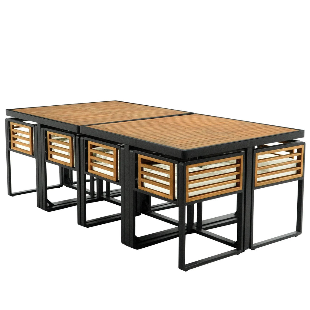 18-teiliges Terrassen-Essgruppen-Set aus Akazienholz, 8 gepolsterte Stühle & 8 Hocker & 2 quadratische Tische