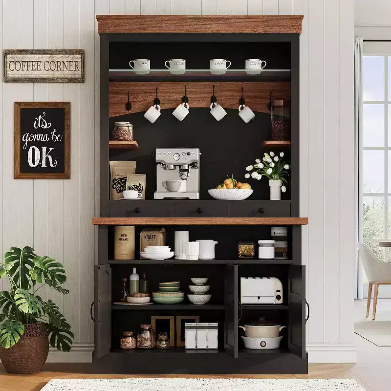 72" Hoher Bauernhaus-Kaffeebar-Schrank mit LED-Beleuchtung, Küchenbuffet mit Türen und Schublade, verstellbaren Einlegeböden, geräumiger Stauraum