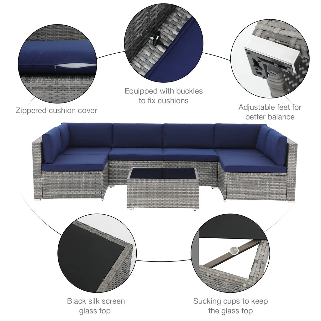 7-teiliges Outdoor-Sofa-Set aus Korbweide/Stahl mit Polstern