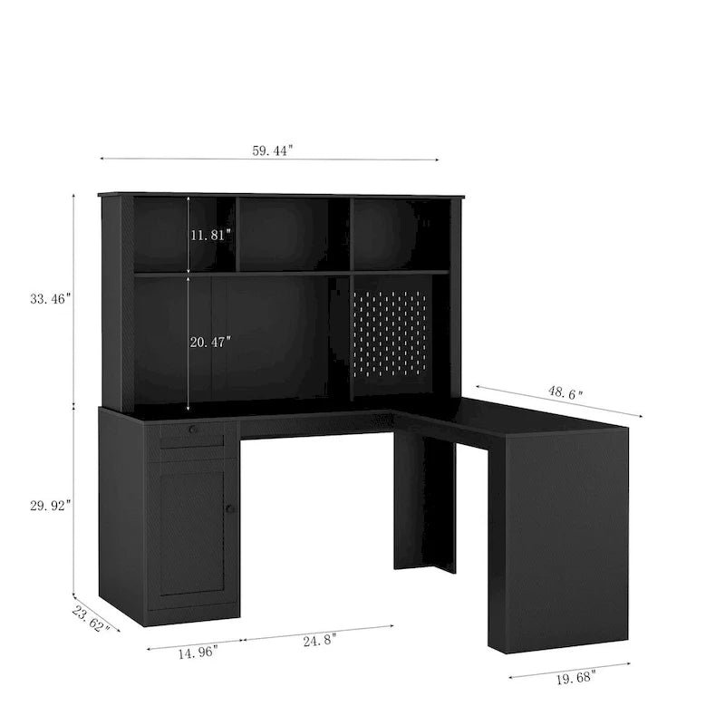 L-förmiger Schreibtisch mit Steckdose, Computertisch mit Schubladen, Regal & Aufsatz, Moderner Eckschreibtisch, Home-Office-Schreibtisch