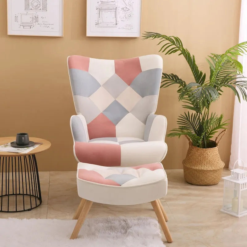 Akzentsessel mit Ottoman, Wohnzimmersessel und Ottomane Set, Bequemer Seitenlehnsessel für Schlafzimmer, Kreative Spleiß-Stoffoberfläche
