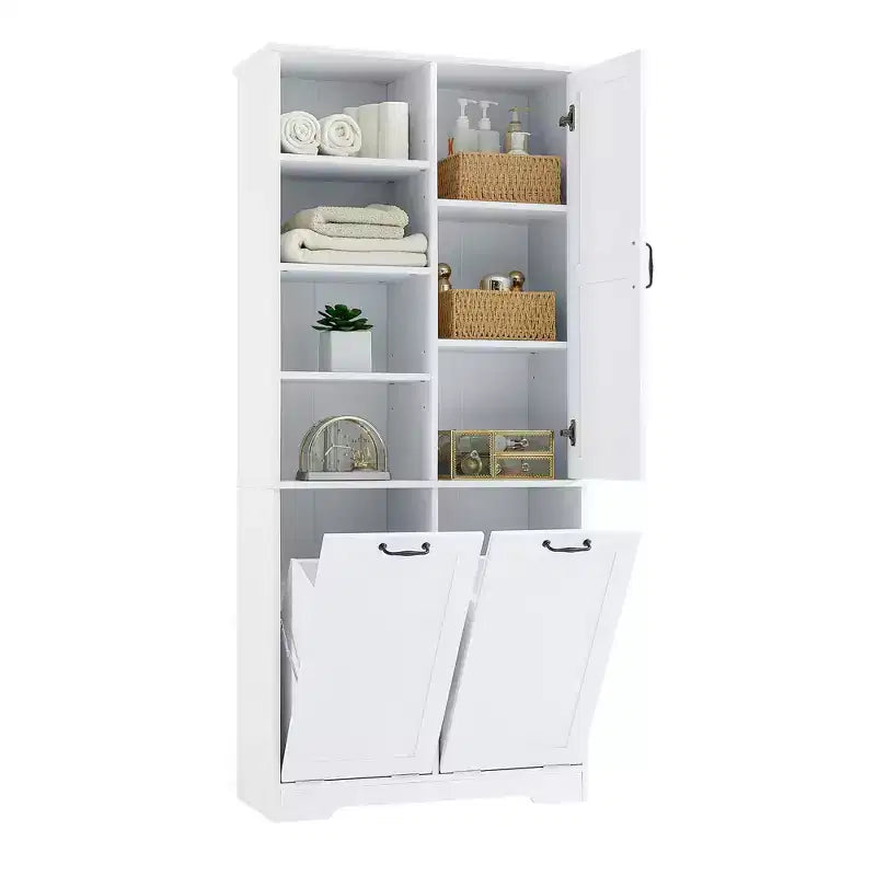 Badezimmerschrank mit Türen und Schubladen, Kippwäschekorb, mehreren Ablagefächern, freistehend