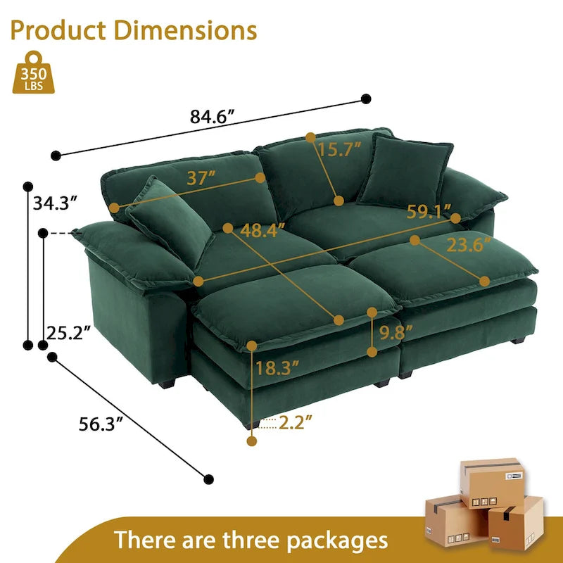 2-Sitzer-Sofa mit 2 Kissen, 2 Polstern und 2 Hockern, bequemes Sofa – Tiefes Wohnzimmersofa, Modulsofa