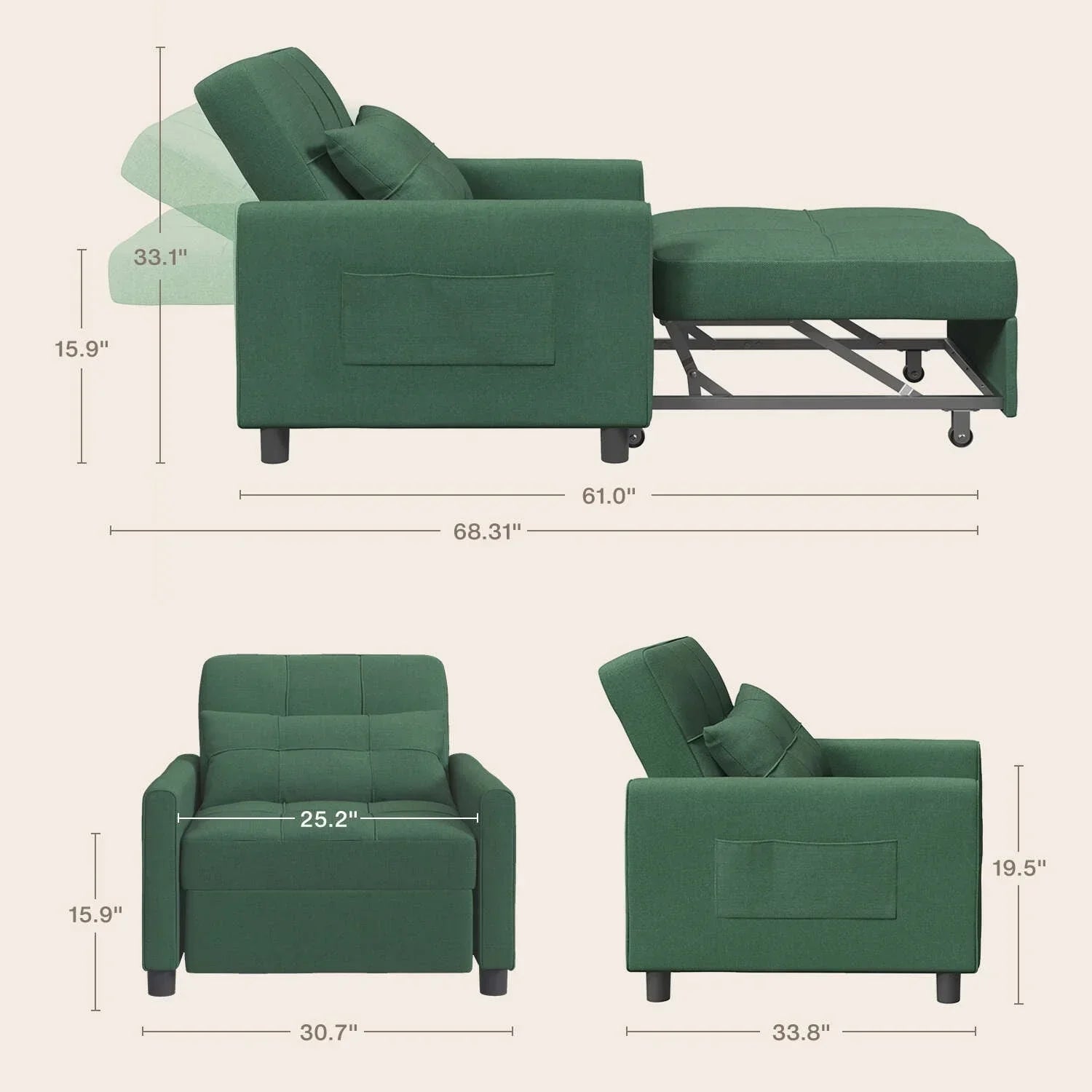 3-in-1 verstellbares Schlafsofa, ausziehbares Sesselsofa, umwandelbares Klappbett für das Wohnzimmer