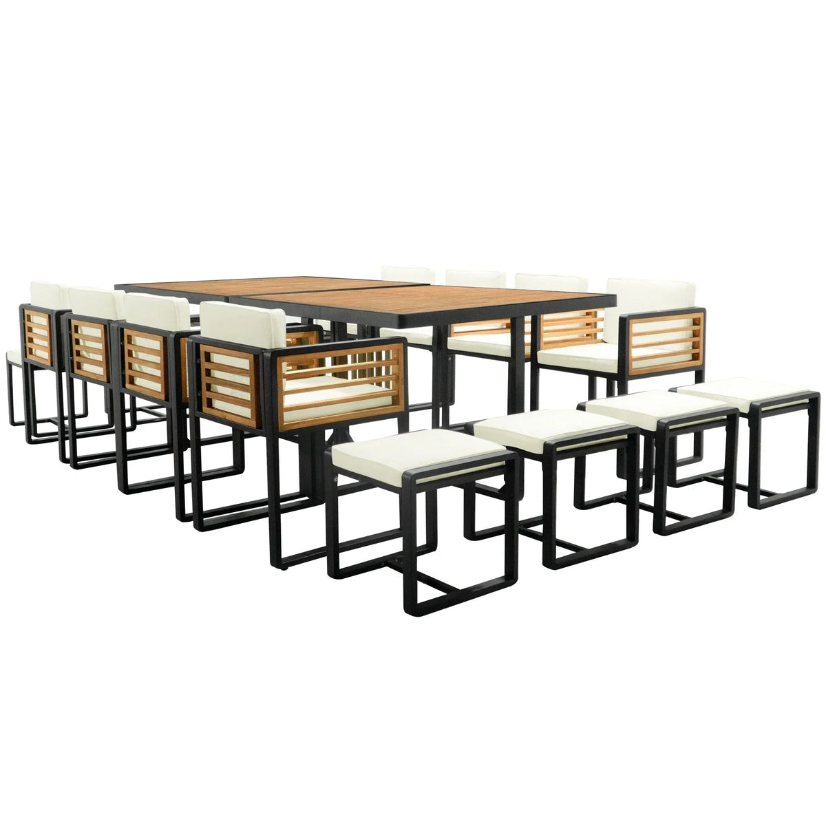 18-teiliges Terrassen-Essgruppen-Set aus Akazienholz, 8 gepolsterte Stühle & 8 Hocker & 2 quadratische Tische