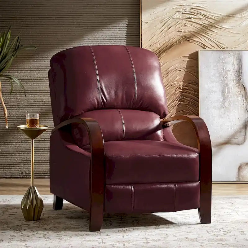 Alex Mid-Century Modern Zigarren-Sessel aus echtem Leder mit manueller Relaxfunktion und geschwungenen Holzarmlehnen