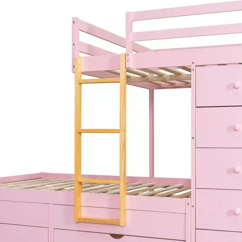 Etagenbett „Full-over-Full“ mit Kleiderschrank und Schubladen, platzsparendes Etagenbett aus Holz in voller Größe mit Rausfallschutz für Apartment, Schlafzimmer