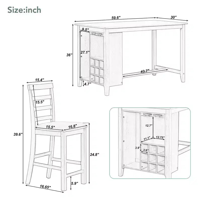 Landhaus Esstischgruppe, 5-teilig, Tresenhöhe, mit 4 Stühlen, rechteckiger Holztisch mit Ablagefächern und Barfach/Weinregal
