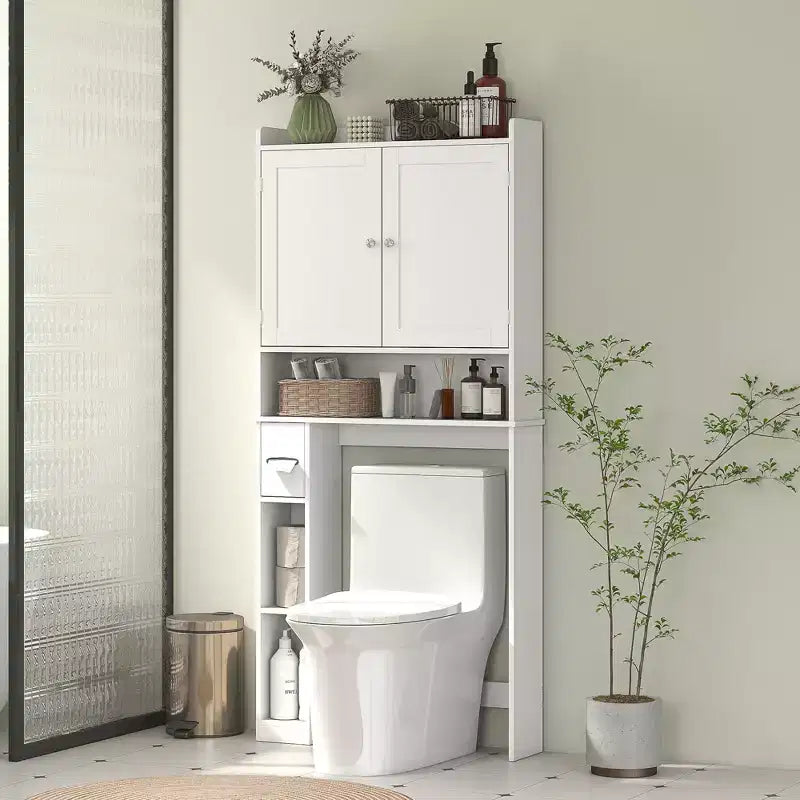 HOMCOM Überbau für die Toilette, moderner Badezimmer-Organizer mit 2 Türen, Toilettenpapierhalter, freistehendes Platzsparwunder