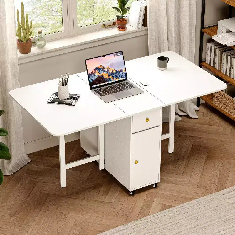 ATJafurn 59'' Klappbarer Esstisch mit Klappplatten für kleine Räume, rechteckiger, ausziehbarer Küchentisch aus Holz mit Rollen und Stauraum