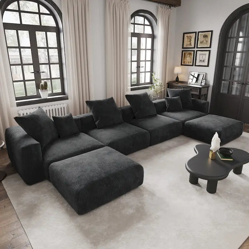 Großes modulares Ecksofa, Kordbezug, U-förmig, 4-Sitzer mit 2 Ottomanen und 5 Kissen