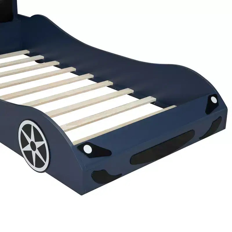 Whisen Wood Plattformbett in Rennwagen-Form, Twin-Größe, mit LED-Beleuchtung und gepolsterter Rückenlehne
