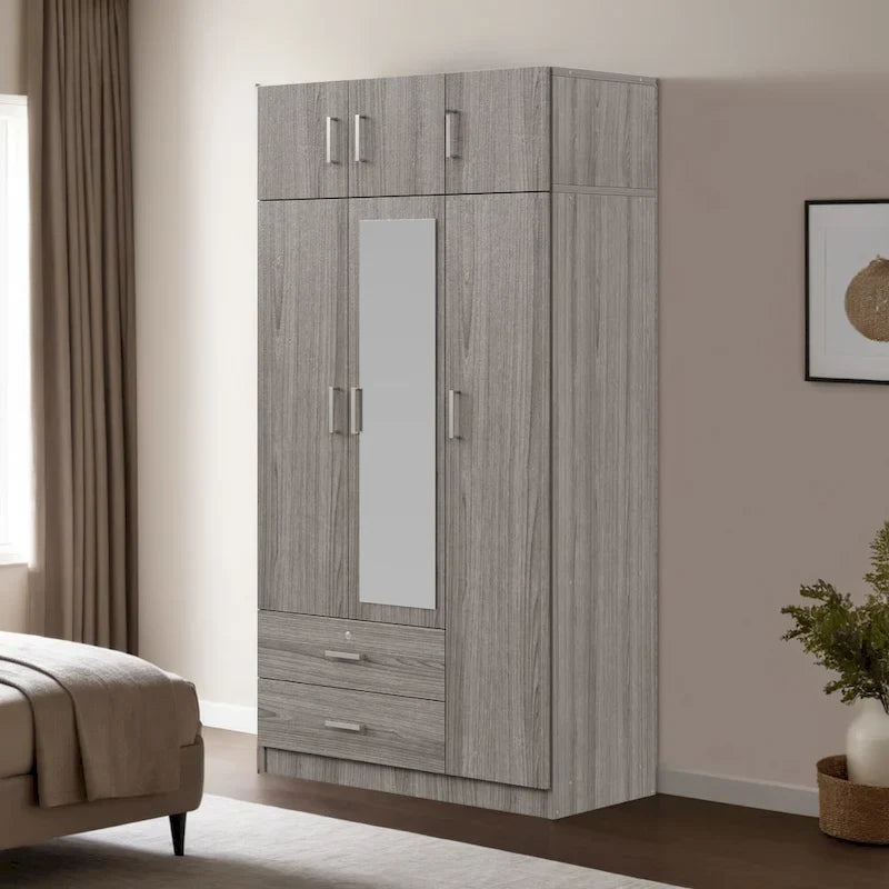 3-türiger Spiegelkleiderschrank mit 2 Schubladen und Aufsatzschrank