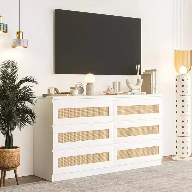 Rattan-Kommode für Schlafzimmer mit 6 Schubladen, 47" moderne Farmhouse breite Kommode, Holz-Aufbewahrungsschrank-Organizer für Kleiderschrank, Wohnzimmer, Flur