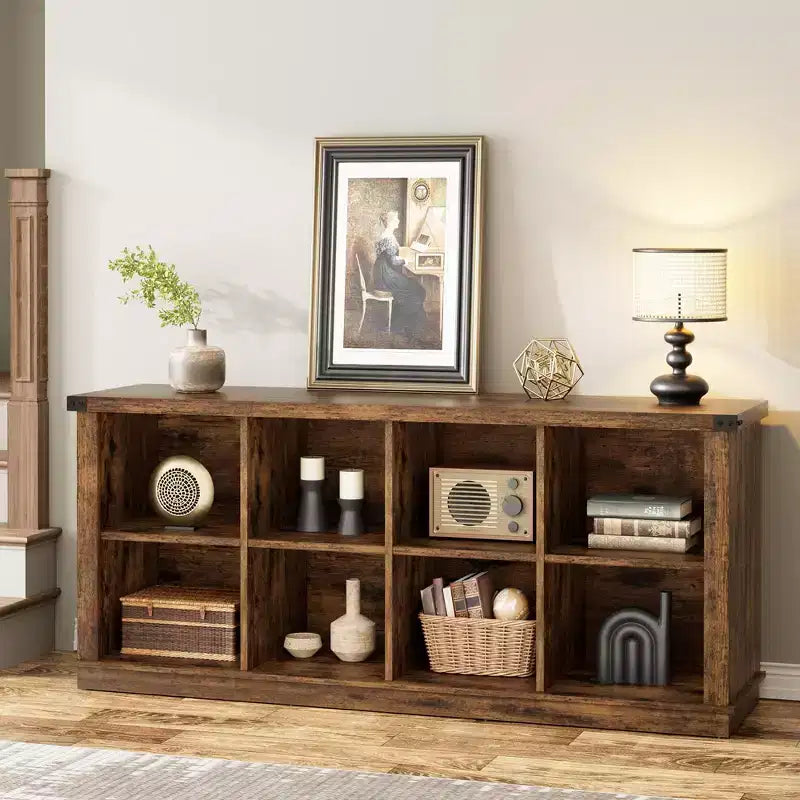 8 Würfelregal, Bücherregal im Landhausstil, 157,5 cm langes Holzregal für den Eingangsbereich, langes, niedriges Bücherregal für das Wohnzimmer