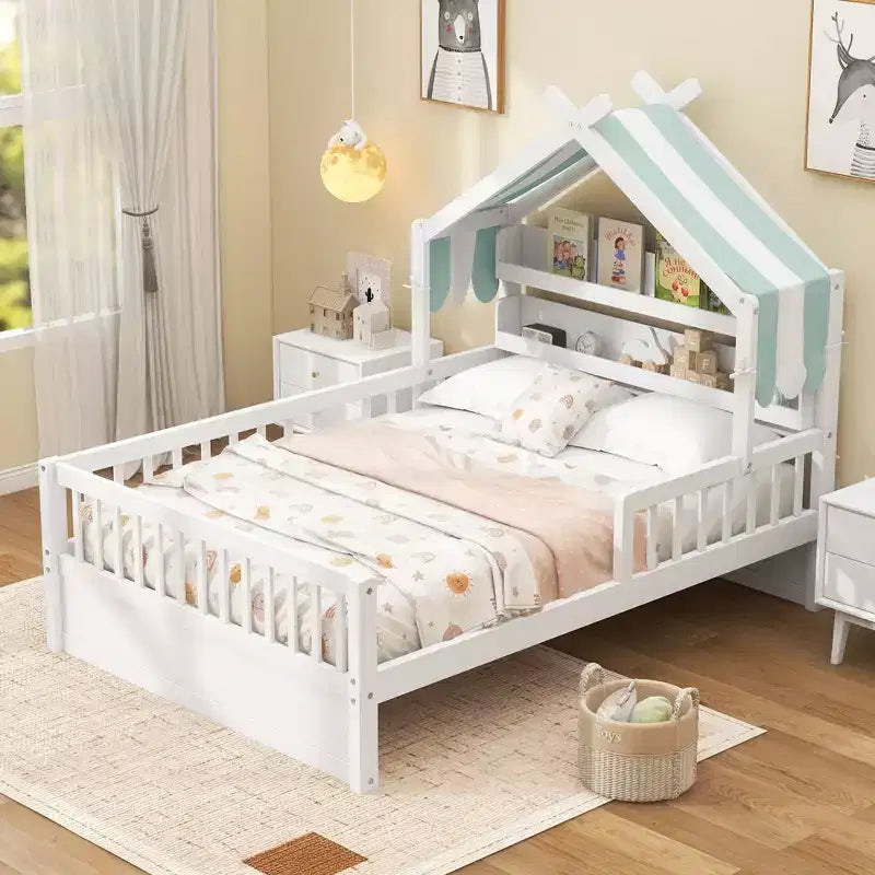 ModernLuxe Hausbett aus Holz für Zwillinge/Standardgröße mit Stauraum-Kopfteil, Kinderbettgestell aus massivem Kiefernholz mit Rausfallschutz