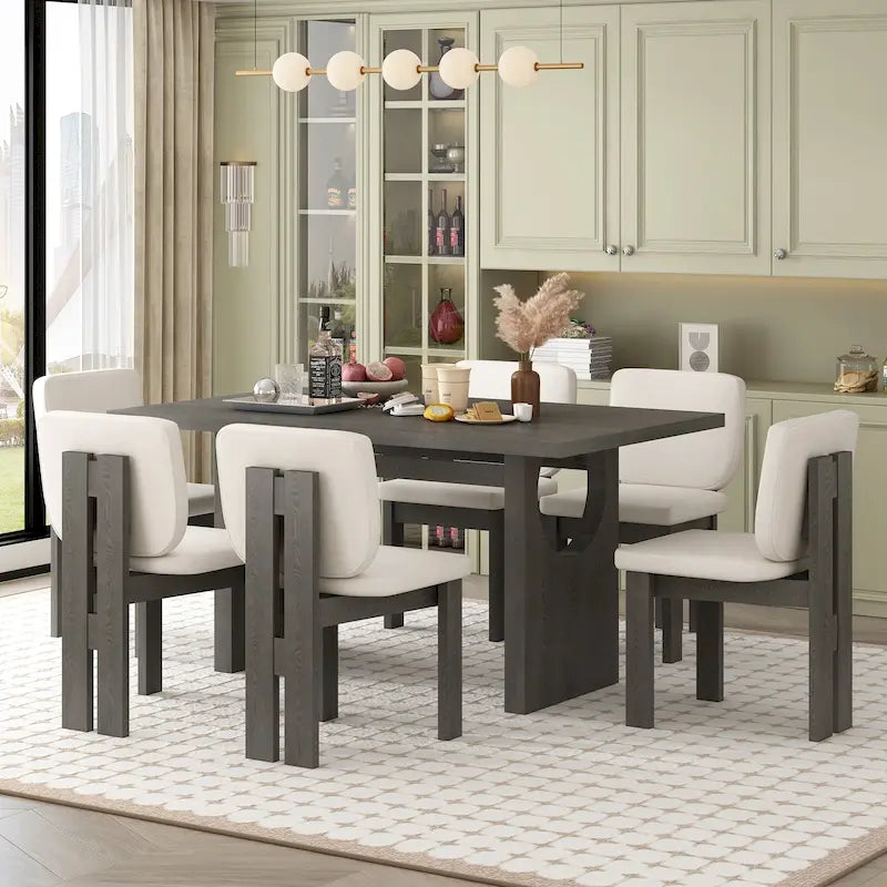 7-teiliges Esszimmer-Set aus Holz im Übergangsstil mit rechteckigem Tisch und 6 Stühlen