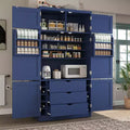Hoher Küchenschrank mit Steckdosen, großer freistehender Schrank mit Mikrowellenständer, Schubladen, Regalen, Weinregalen und Türregal