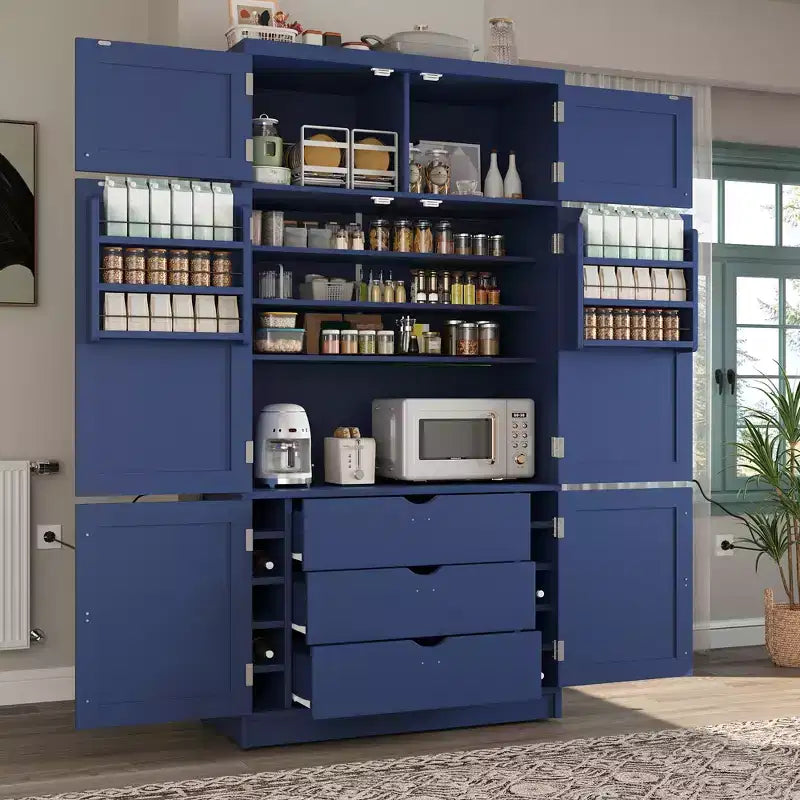 Hoher Küchenschrank mit Steckdosen, großer freistehender Schrank mit Mikrowellenständer, Schubladen, Regalen, Weinregalen und Türregal