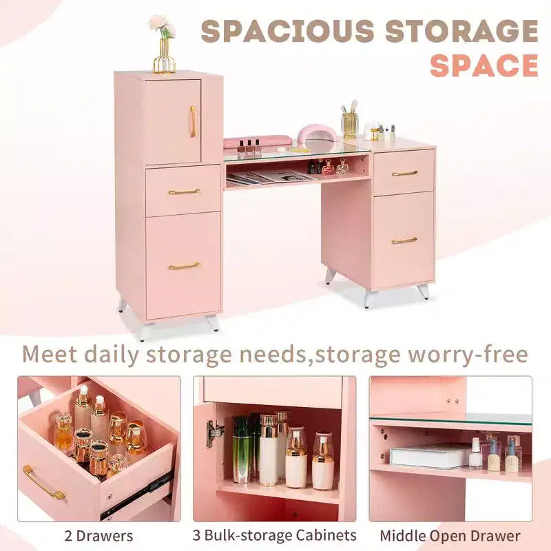 Schwarz/Pink Moderner Maniküre-Nageltisch mit Glasplatte & Handauflage, Einzelplatz