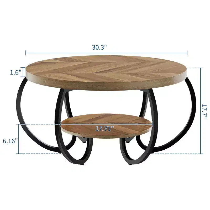 30 Zoll runder industrieller Couchtisch, 2-stöckig mit verstellbaren Füßen, Holzmaserungsablage, Flammendesign, einfache Montage, Wohnzimmer