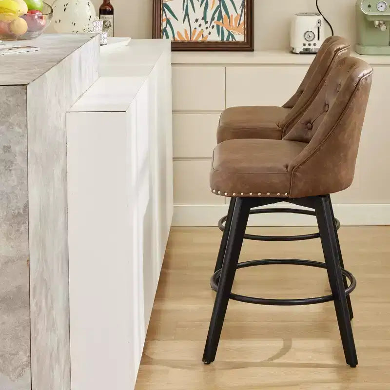 2er-Set drehbarer Barhocker mit Rückenlehne, 66 cm hoch, Beine aus Massivholz und gepolsterte Rückenlehne aus Kunstleder, für Kücheninseln