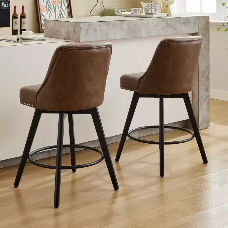 2er-Set drehbarer Barhocker mit Rückenlehne, 66 cm hoch, Beine aus Massivholz und gepolsterte Rückenlehne aus Kunstleder, für Kücheninseln