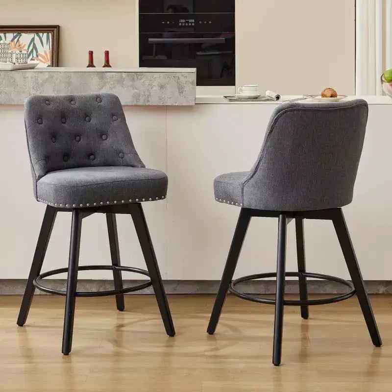 26 H Set of 2 Swivel Bar Chair with Back Solid Wood Legs and Faux Leather Upholstered Back for Kitchen Island