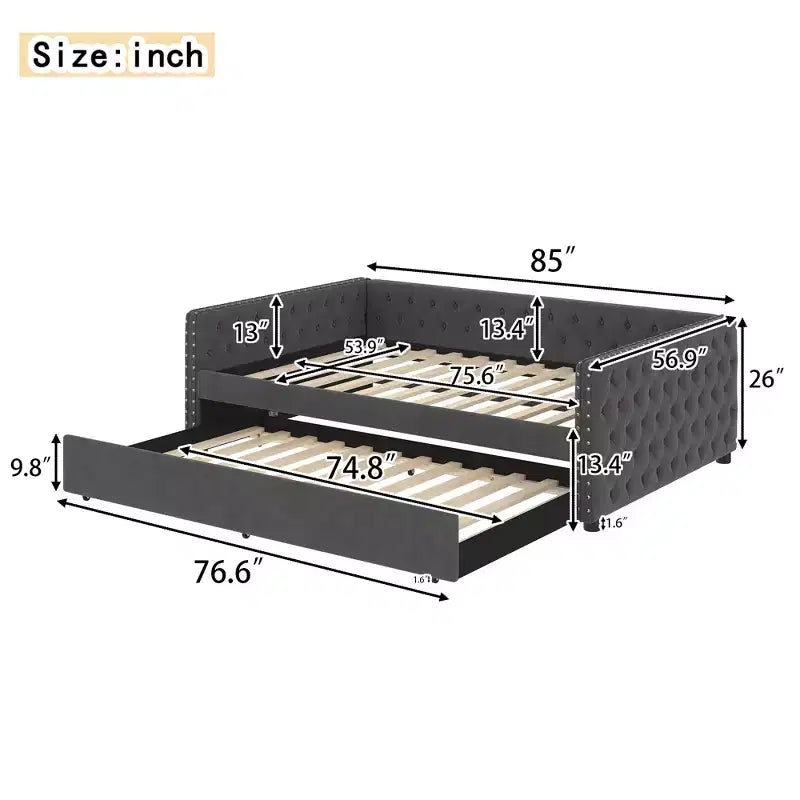 Bellemave Tagesbett mit Ausziehbett, Schlafsofa, Tagesbett mit Rollbett für Erwachsene, Kinder, Mädchen, Jugendliche, Grau