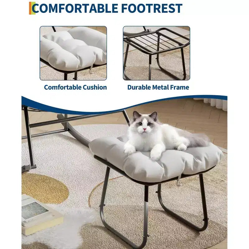 Loungesessel mit Fußstütze, Schaukelstuhl für drinnen/draußen mit Ottoman und Metallrahmen, Patio Rattan Eierschaukel für Balkon, Garten, Veranda, Schlafzimmer