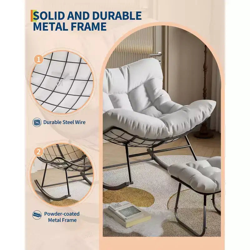 Loungesessel mit Fußstütze, Schaukelstuhl für drinnen/draußen mit Ottoman und Metallrahmen, Patio Rattan Eierschaukel für Balkon, Garten, Veranda, Schlafzimmer