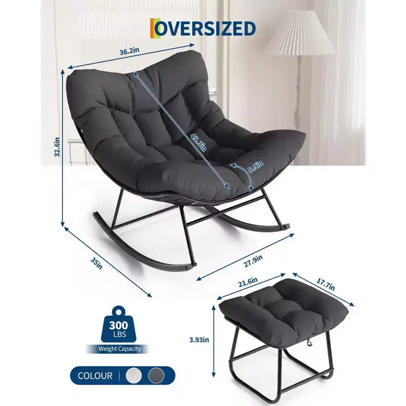 Loungesessel mit Fußstütze, Schaukelstuhl für drinnen/draußen mit Ottoman und Metallrahmen, Patio Rattan Eierschaukel für Balkon, Garten, Veranda, Schlafzimmer