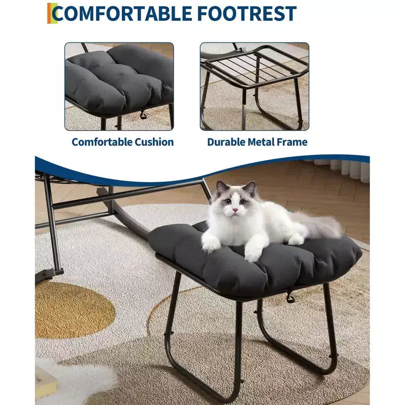 Loungesessel mit Fußstütze, Schaukelstuhl für drinnen/draußen mit Ottoman und Metallrahmen, Patio Rattan Eierschaukel für Balkon, Garten, Veranda, Schlafzimmer