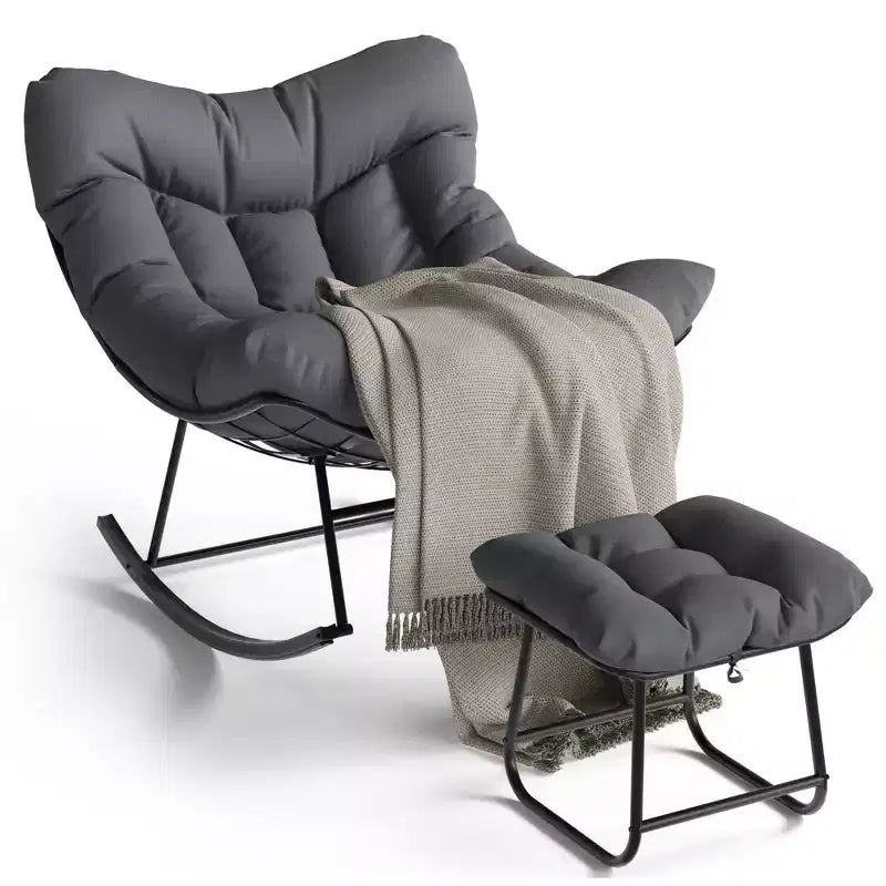 Lounge Chair with Footrest, Indoor/Outdoor Rocking Chair with Ottoman and Metal Frame, Patio Rattan Egg Rocker for Balcony Backyard Porch Bedroom