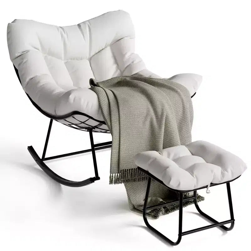 Loungesessel mit Fußstütze, Schaukelstuhl für drinnen/draußen mit Ottoman und Metallrahmen, Patio Rattan Eierschaukel für Balkon, Garten, Veranda, Schlafzimmer